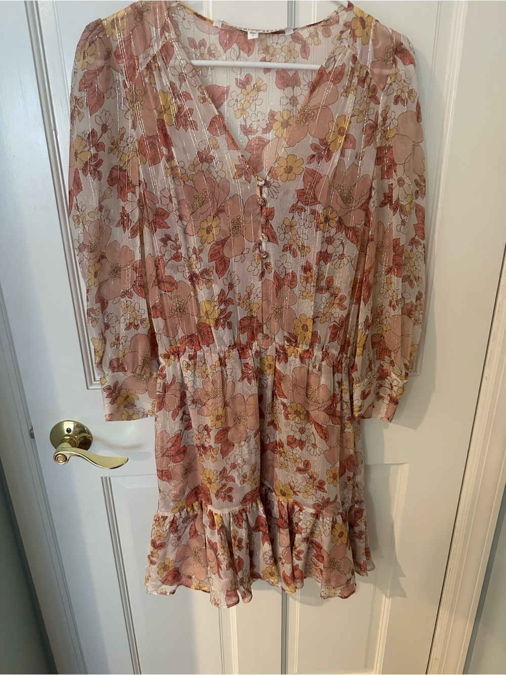 Veronica Beard Cybil dress.  Pink floral with gold thread. Mini Dress